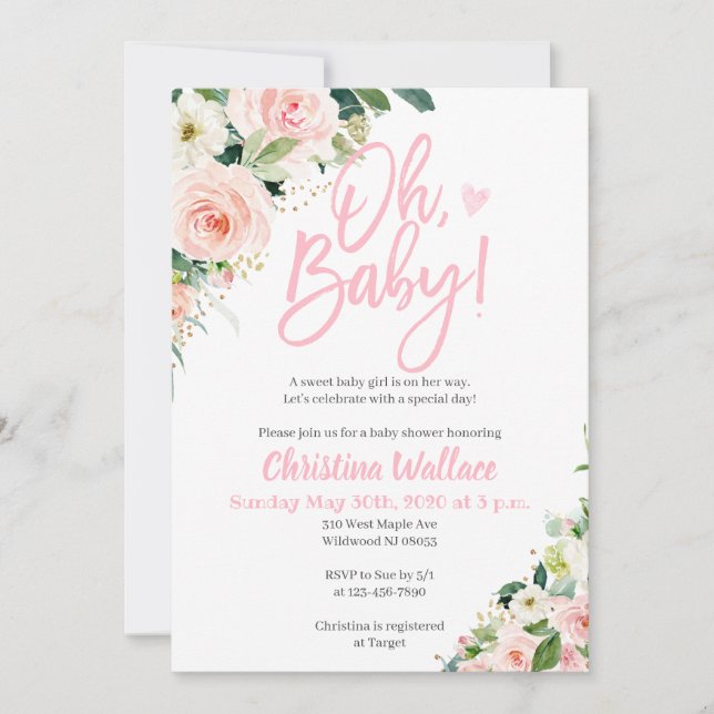 Invitations de douche pour bébé pour une fille ros (Devant)