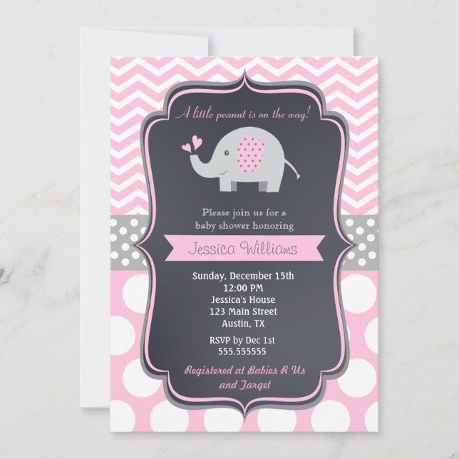 Invitations de douche pour bébé rose éléphant (Devant)