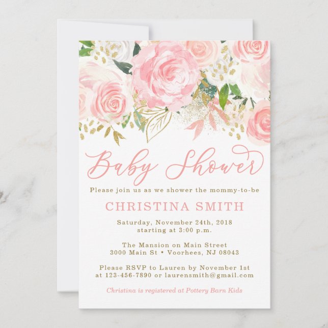 Invitations de douche pour bébé rose et or (Devant)