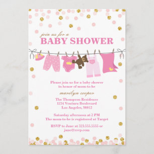Invitations de douche pour bébé rose et or
