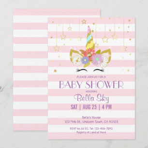 Invitations de douche pour bébé rose et or Unicorn