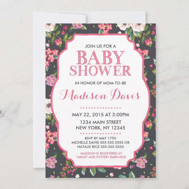 Invitations de douche pour bébé rose floral (Devant)