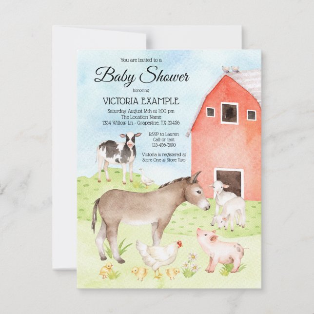 Invitations de douche pour bébés animaux de ferme (Devant)