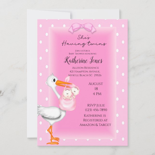 Invitations de douche Stork et Twin Girls (Devant)