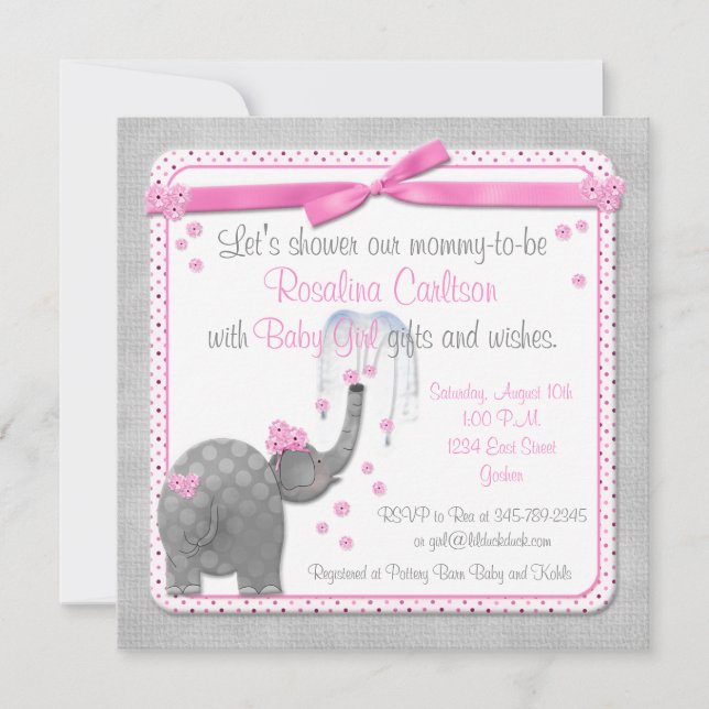 Invitations de douches éléphantes pour bébés roses (Devant)