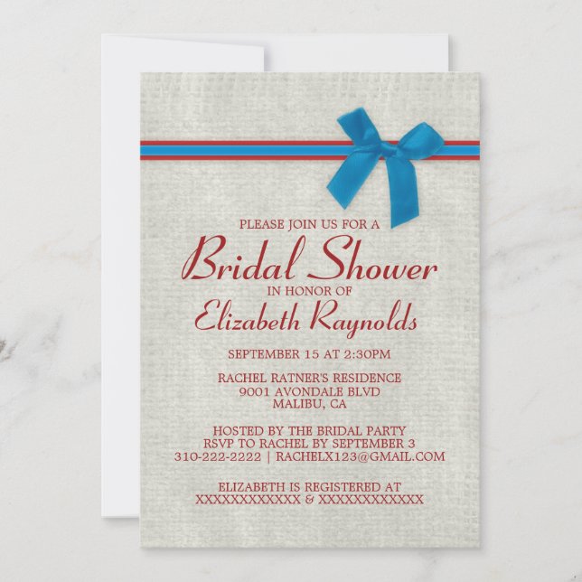 Invitations de douches nuptiales Bleues et Rouges (Devant)