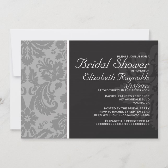 Invitations de douches nuptiales Damask Argent (Devant)