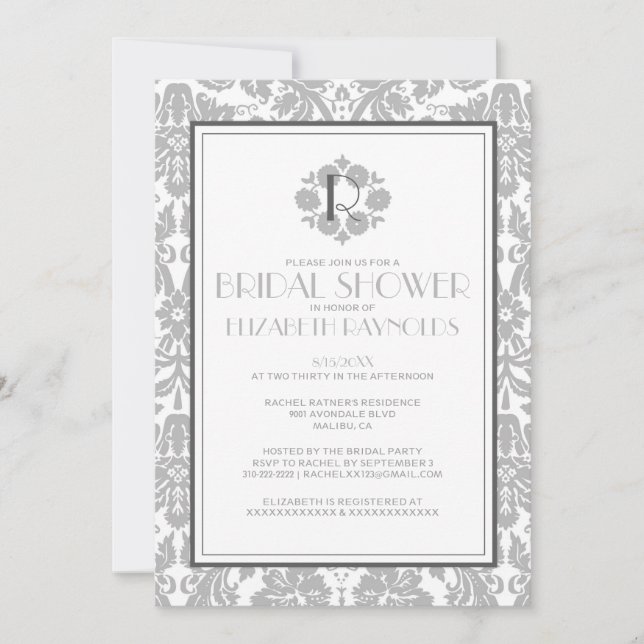 Invitations de douches nuptiales Damask Monogramme (Devant)
