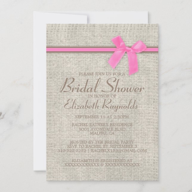 Invitations de douches nuptiales de Burlap en rose (Devant)