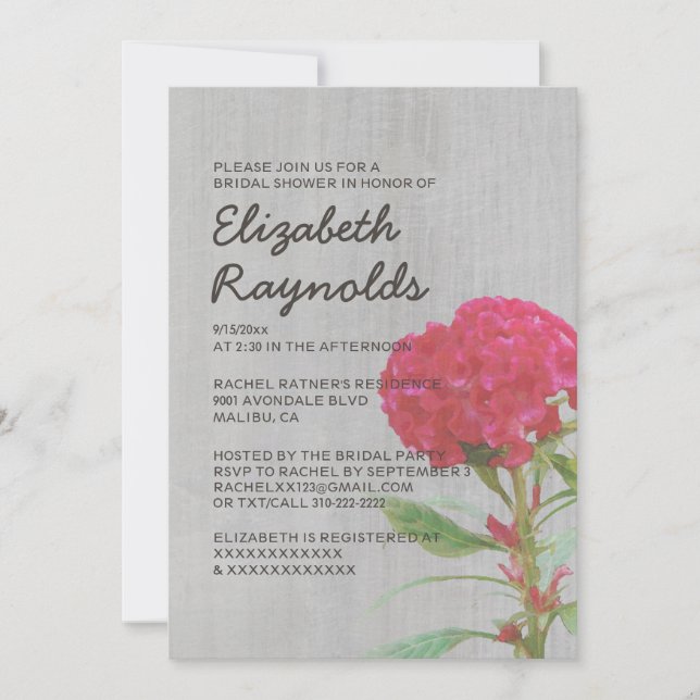 Invitations de douches nuptiales de Cockscomb Vint (Devant)