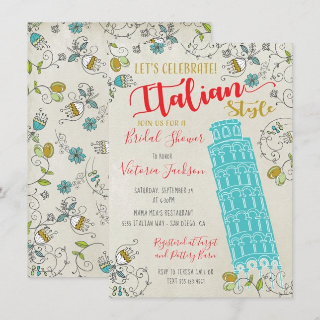 Invitations de douches nuptiales de la tour italie (Devant / Derrière)