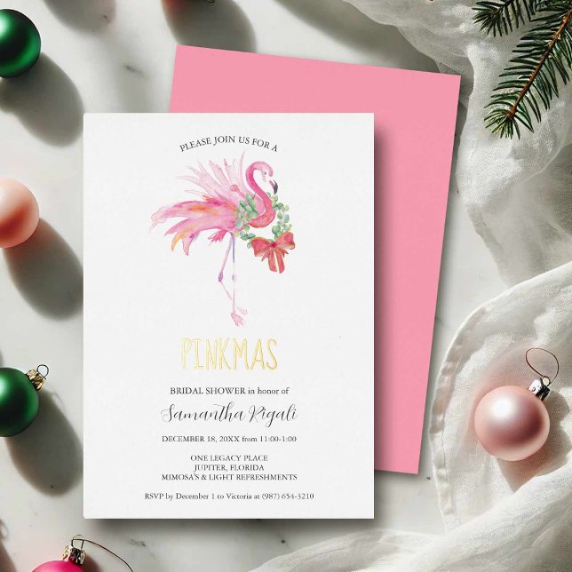 Invitations de douches nuptiales de Noël tropical (palm beach christmas bridal shower invitations features watercolor pink flamingo)