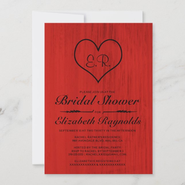 Invitations de douches nuptiales de pays rouge et  (Devant)