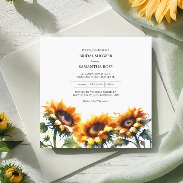 Invitations de douches nuptiales de tournesol (Sunflower bridal shower invitations watercolor botanical art.)
