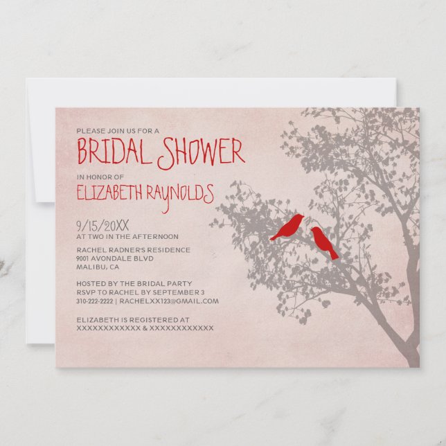 Invitations de douches nuptiales des oiseaux rouge (Devant)