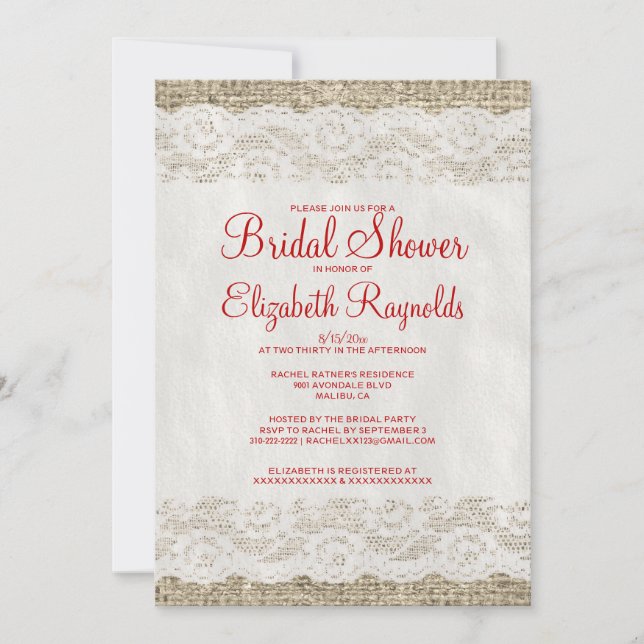 Invitations de douches nuptiales en dentelle rouge (Devant)