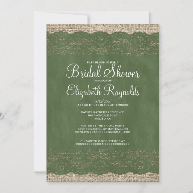 Invitations de douches nuptiales en dentelle verte (Devant)