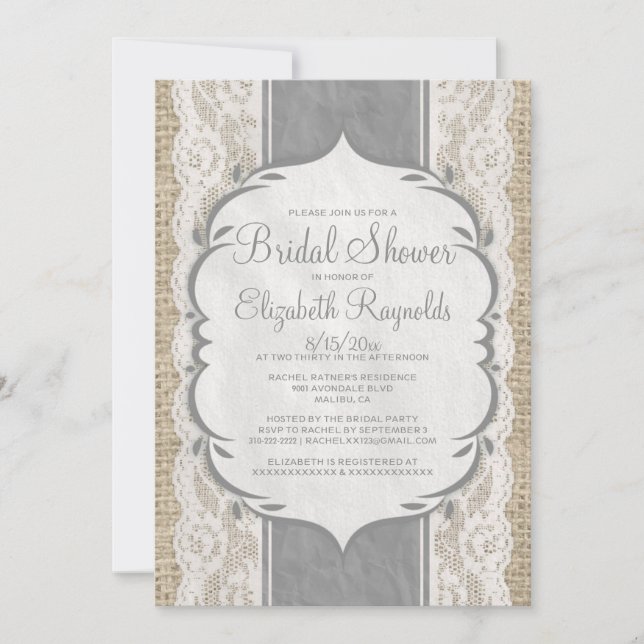 Invitations de douches nuptiales en lin gris Burla (Devant)