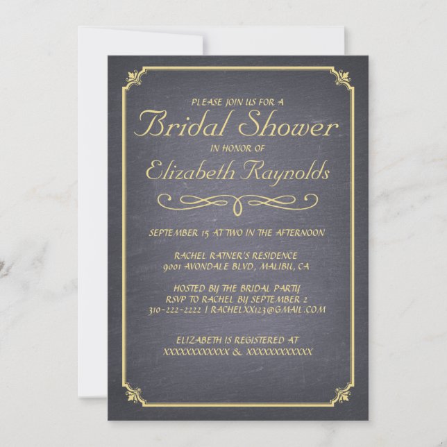 Invitations de douches nuptiales en noir et or Cha (Devant)