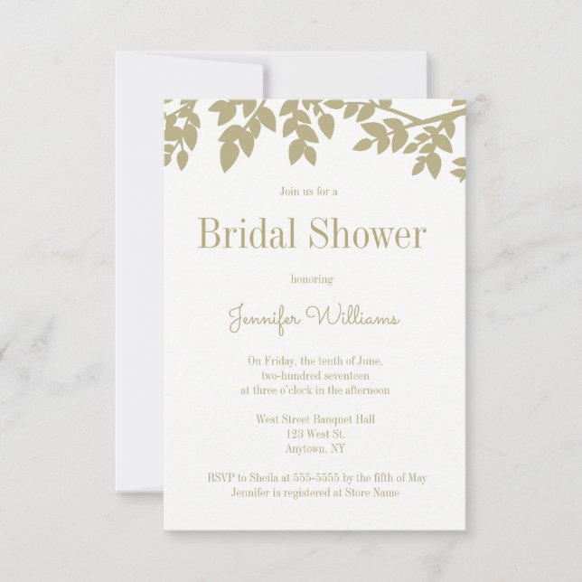 Invitations de douches nuptiales feuilles d'or mod (Devant)