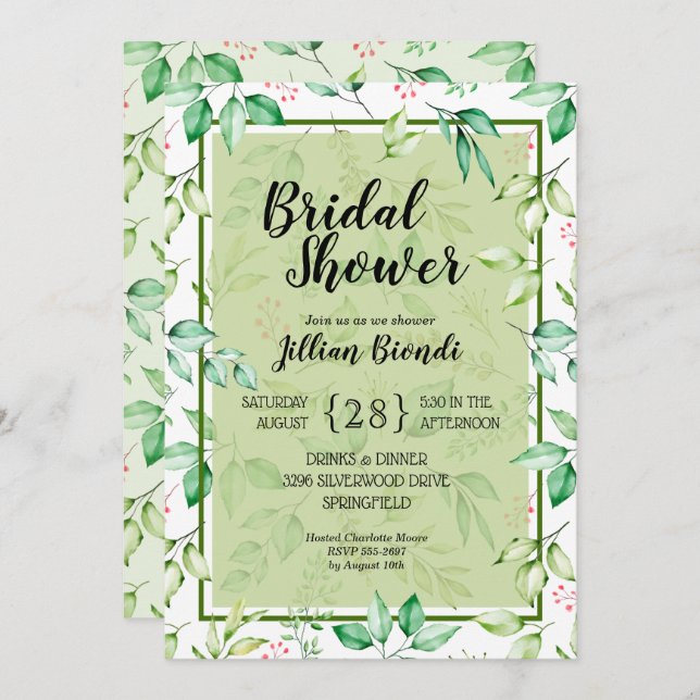 Invitations de douches nuptiales Feuilles vertes (Devant / Derrière)