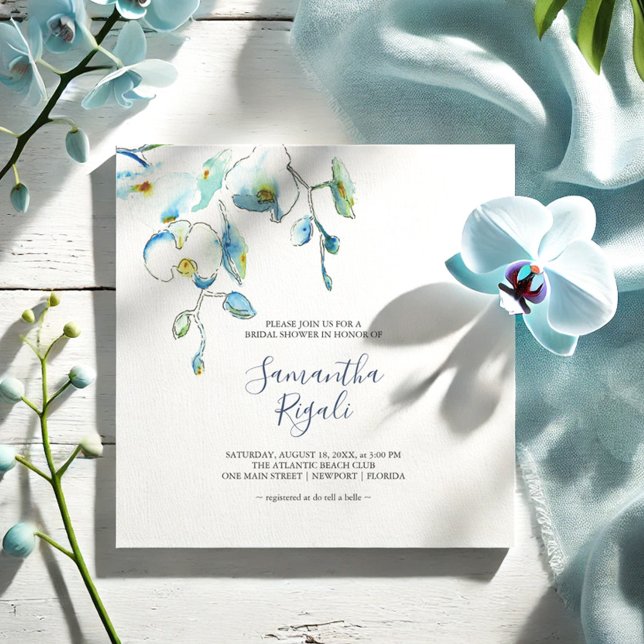 Invitations de douches nuptiales Florales Bleues (Simple floral bridal shower invitations feature water blue orchid flowers by Victoria Grigaliunas)