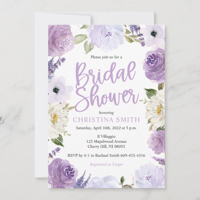 Invitations de douches nuptiales florales violette (Devant)