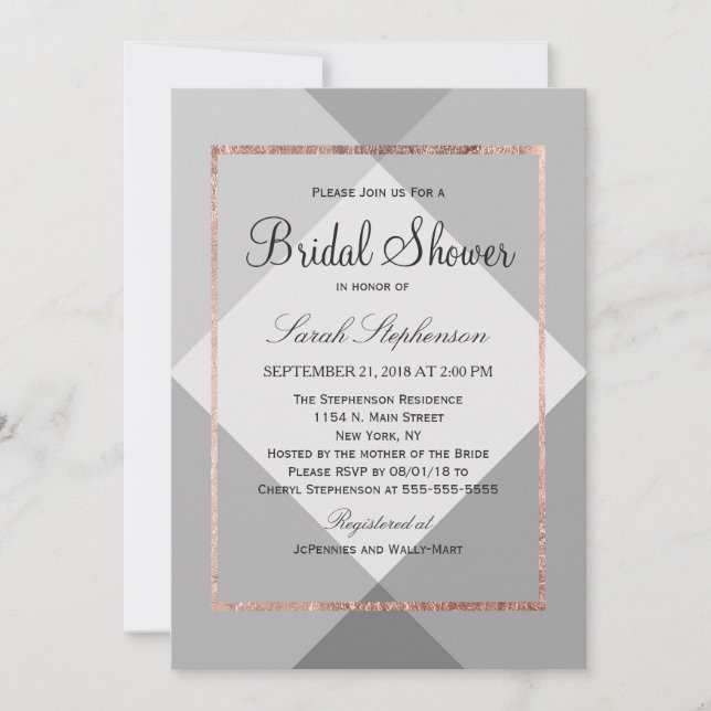 Invitations de douches nuptiales Gold Grey Rose (Devant)