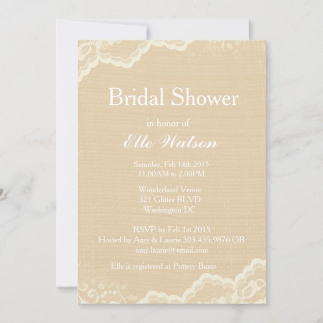 Invitations de douches nuptiales Lace Burlap, pers (Devant)