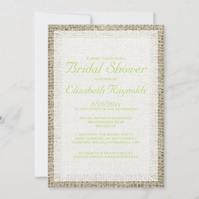 Invitations de douches nuptiales Lime Green Burlap (Devant)