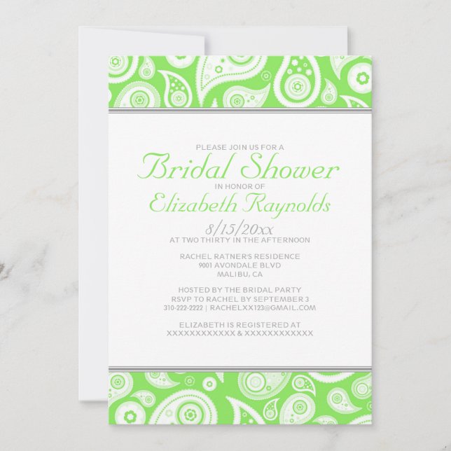 Invitations de douches nuptiales Lime Green Paisle (Devant)