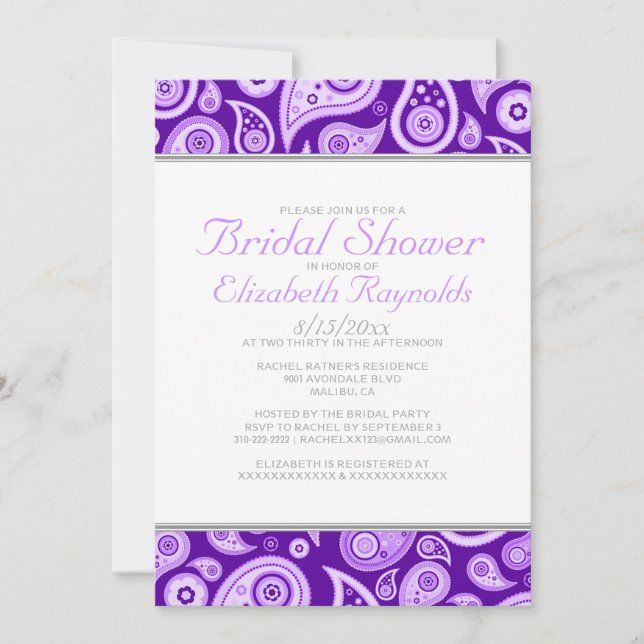 Invitations de douches nuptiales Paisley violet (Devant)