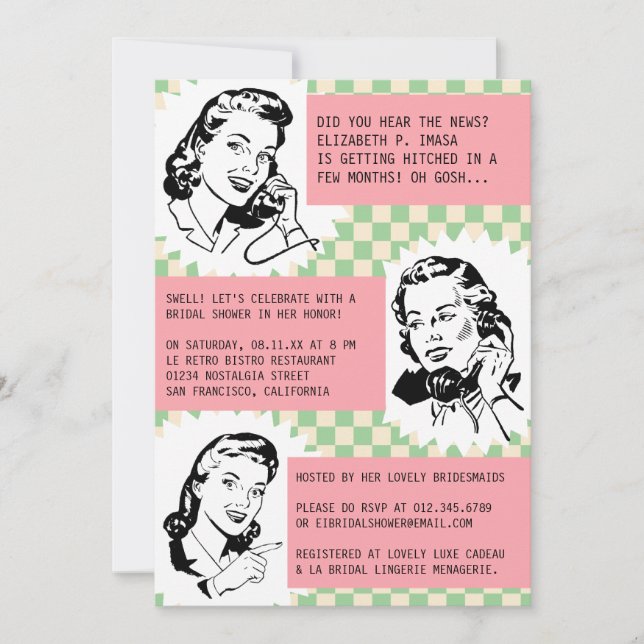Invitations de douches nuptiales Retro Gossip Gals (Devant)
