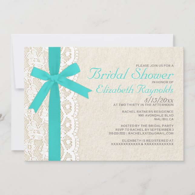 Invitations de douches nuptiales Turquoise Bow & L (Devant)