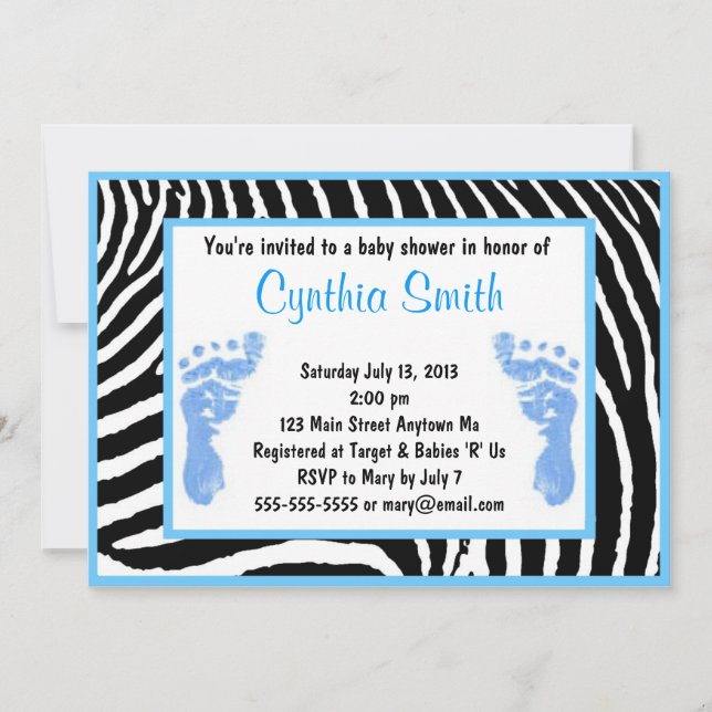 Invitations de douches pour bébés Blue Zebra (Devant)