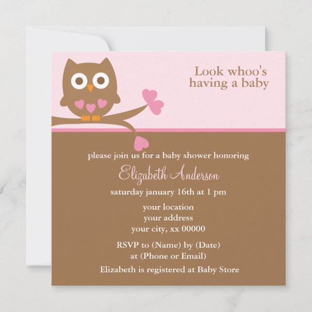 Invitations de douches pour bébés Chouette rose (Devant)