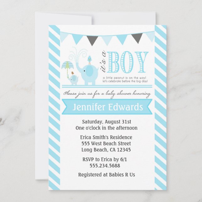 Invitations de douches pour bébés éléphant Invitat (Devant)