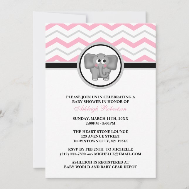 Invitations de douches pour bébés Elephant Pink Gr (Devant)