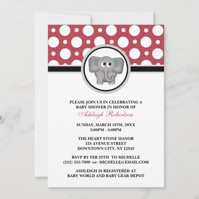 Invitations de douches pour bébés Eléphant Red Pol (Devant)