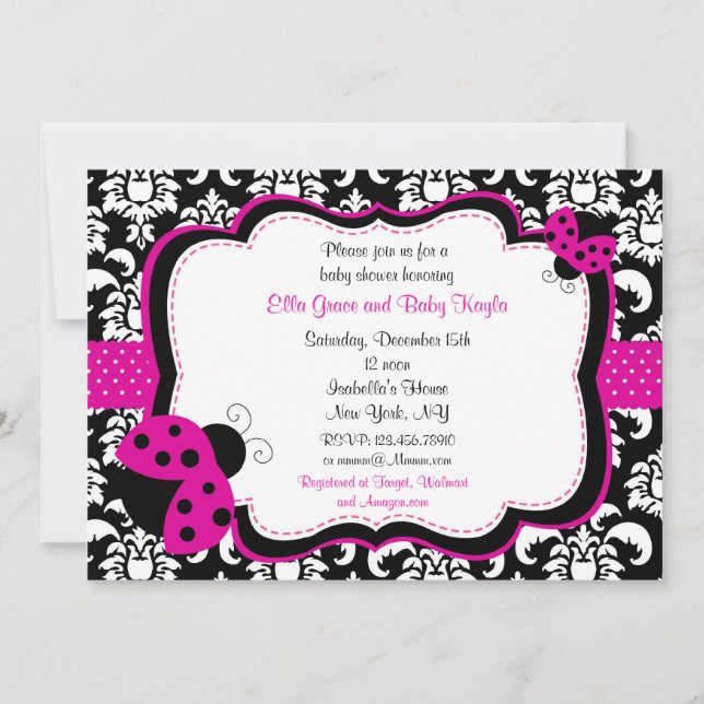 Invitations de douches pour bébés Ladybug Damask (Devant)