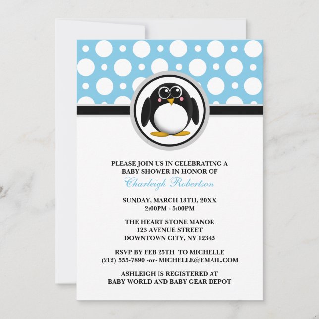 Invitations de douches pour bébés Penguin Blue Pol (Devant)