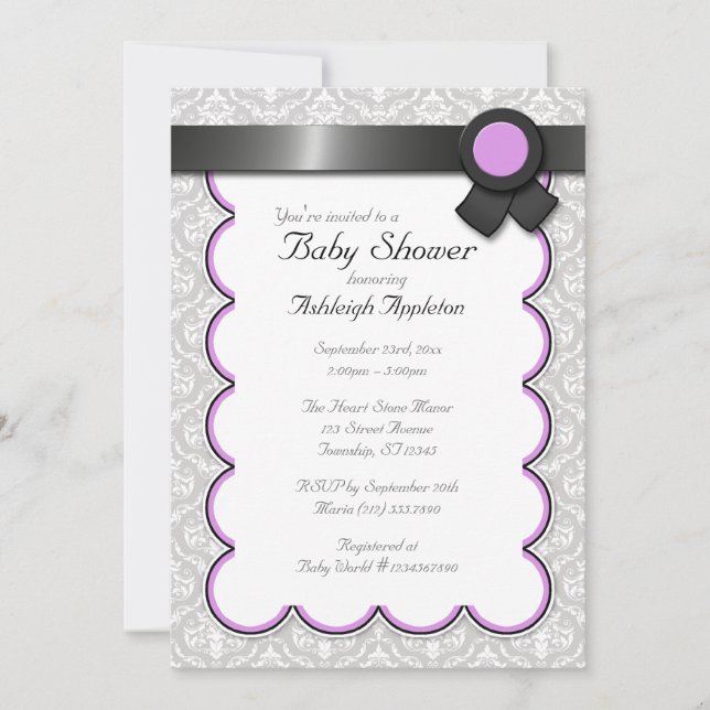 Invitations de douches pour bébés pourpres et gris (Devant)