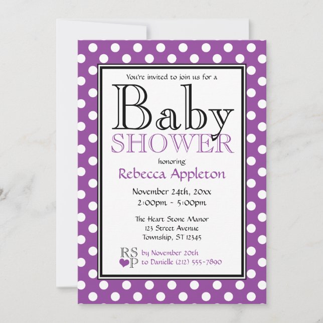 Invitations de douches pour bébés pourpres Polka D (Devant)