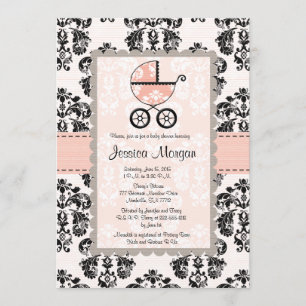 Invitations de douches pour bébés roses et noires