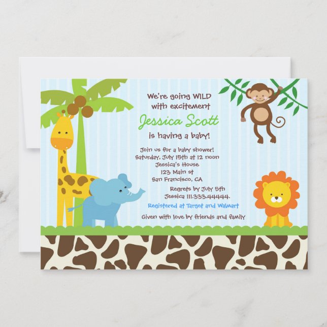 Invitations de douches pour bébés Safari Jungle (Devant)