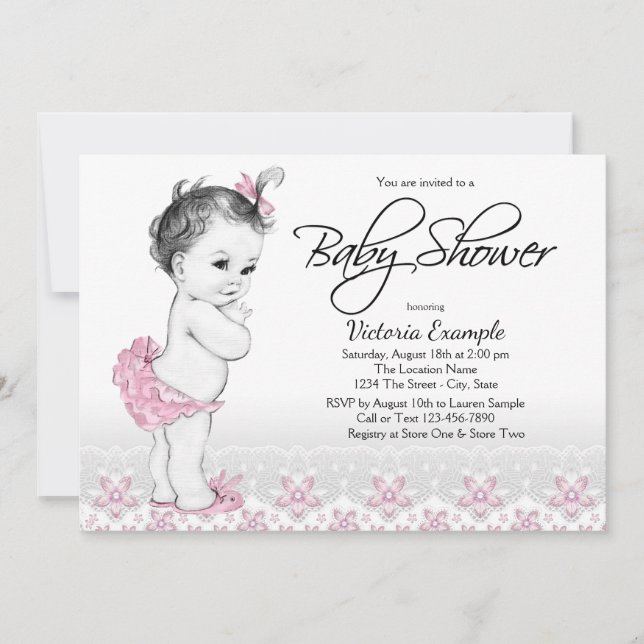 Invitations de douches pour bébés Vintages rose Gr (Devant)