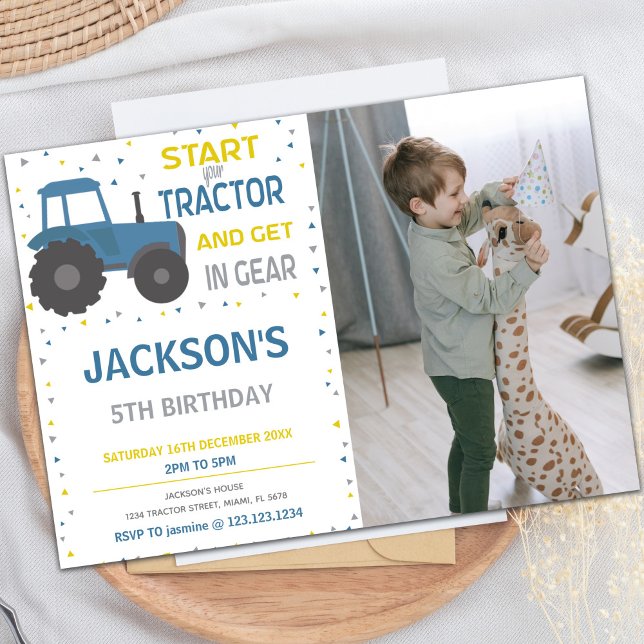 Invitations de fermes personnalisables pour les en (Blue Tractor Birthday Invitations with photo)
