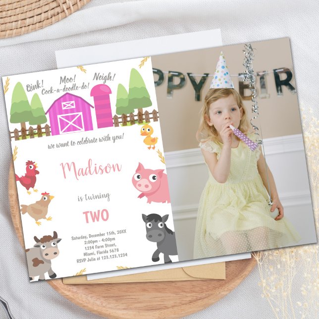 Invitations de fermes personnalisables pour les en (Pink Farm Animals Invitations with photo)