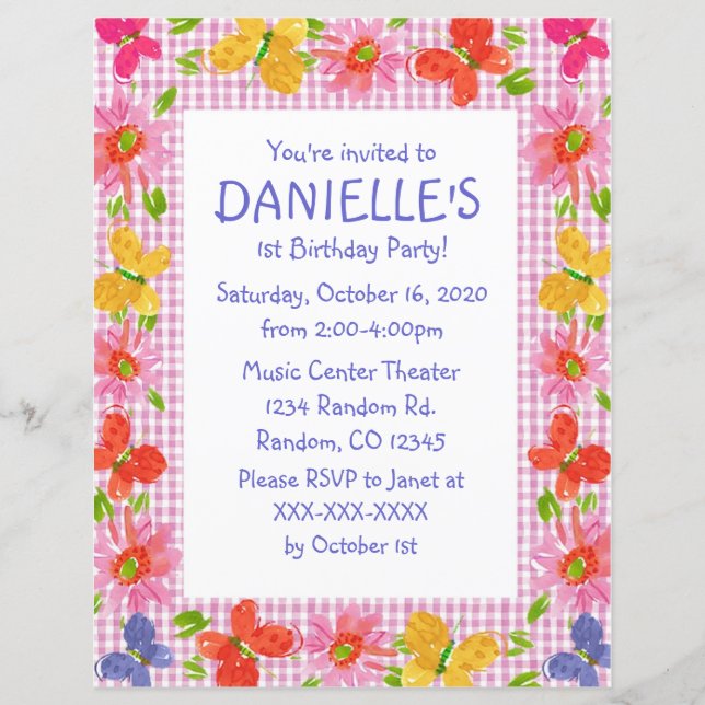 Invitations de fête d'anniversaire à thème papillo (Devant)