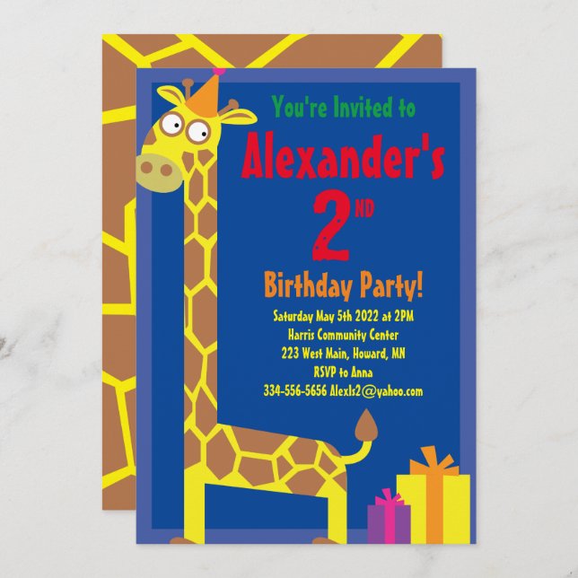 Invitations de fête d'anniversaire de Giraffe Anim (Devant / Derrière)